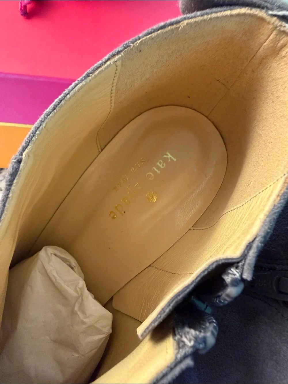 kate spade Gray Suede Pointed Toe Ankle Booties Gold Bow Accent Box Dust Bag